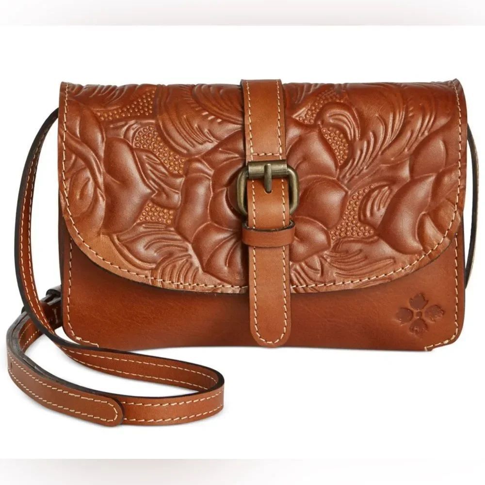 Patricia Nash- Torri Leather Flap Crossbody Burnished Tooled Bag Brass Fixture